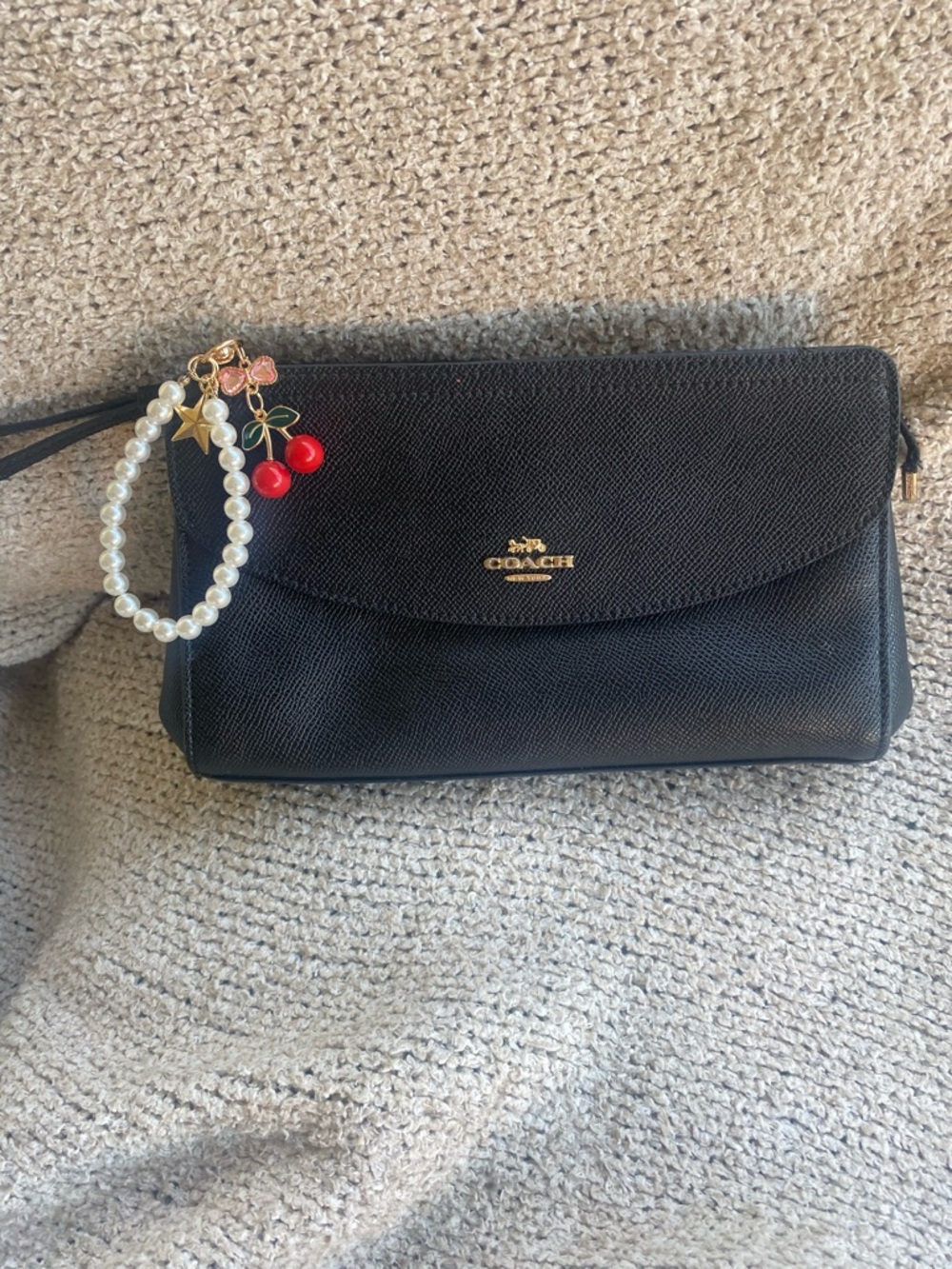 Coach Black Leather Wristlet with Pearl & Cherry Charm